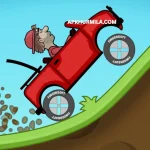 “Hill Climb Racing game showing a vehicle driving over hills with coins, obstacles, and mountains in the background.”