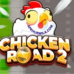 Chicken Road 2 game logo featuring a cartoon chicken with wide eyes, bold Chicken Road 2 text, and a fun arcade-style design.