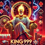 "King999 mobile casino game artwork featuring a king, playing cards, poker chips, roulette, and slot machine symbols."