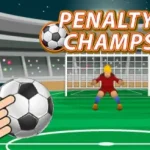 Penalty Game showing a football penalty shootout with a player aiming the ball and a goalkeeper defending the goal
