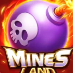 Mines Game icon showing a purple bomb with a skull symbol and lit fuse on a fiery background