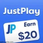 Logo of JustPlay app showing a blue background with “JustPlay” text and a card displaying “JP Earn $20”.