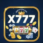 X777 game logo showing a slot machine with coins, dice, poker chips, and playing cards, with “X777” text and a crown above it.