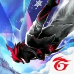 Free Fire character diving from the sky with icy background and red-black outfit.