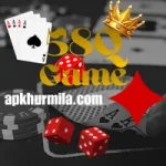 A promotional graphic for the 58Q Game featuring casino elements like playing cards, red dice, poker chips, and a golden crown.