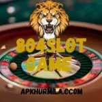 A professional logo for 804Slot Game featuring a roaring lion head above a casino roulette wheel and a website link.