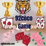 92Coco Game casino app image showing tiger logo, playing cards, dice and trophy symbols for online gaming rewards