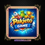 Pakjeto Game logo with coins, dice, rocket, and trophy on a bright blue background