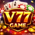 V77 Game logo surrounded by playing cards, red dice, casino chips, and gold coins on a colourful background.