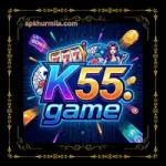 K55 Game logo showing a colourful casino theme with slot machine 777, playing cards, dice, chips, coins, and an illustrated female dealer on a digital background.