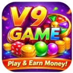 V9 Game mobile app icon showing colorful dice, coins, and a spinning wheel with “Play & Earn Money” banner.