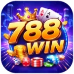 Vibrant 788Win Game app icon with gold coins, dice, poker chips, and playing cards on a neon city background.