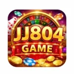 JJ804 Game logo with roulette wheel, poker chips, cards, and gold coins in vibrant casino theme