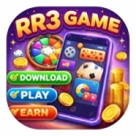 RR3 Game mobile app promotional graphic showing games, coins, and download play earn buttons
